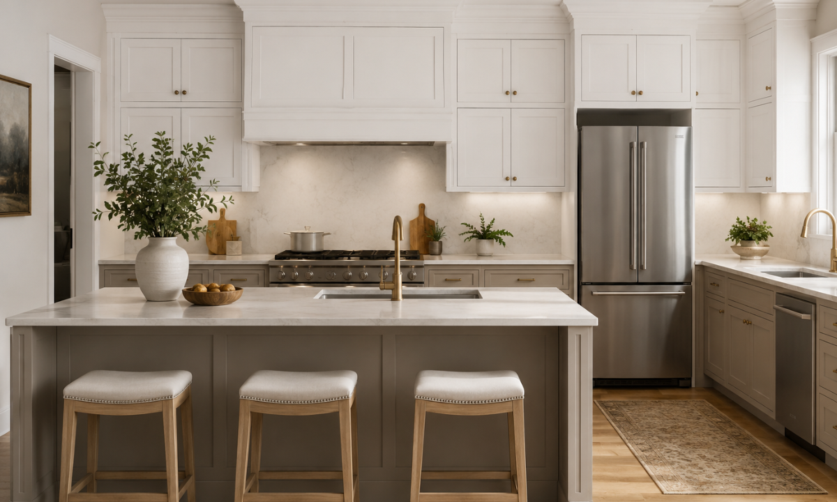 Warm Taupe & Crisp White Kitchen