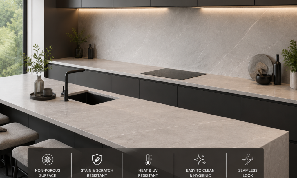 Non-porous sintered stone countertops with seamless backsplashes.
