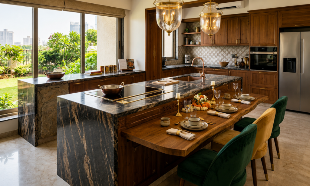 Waterfall kitchen island with dining ledge
