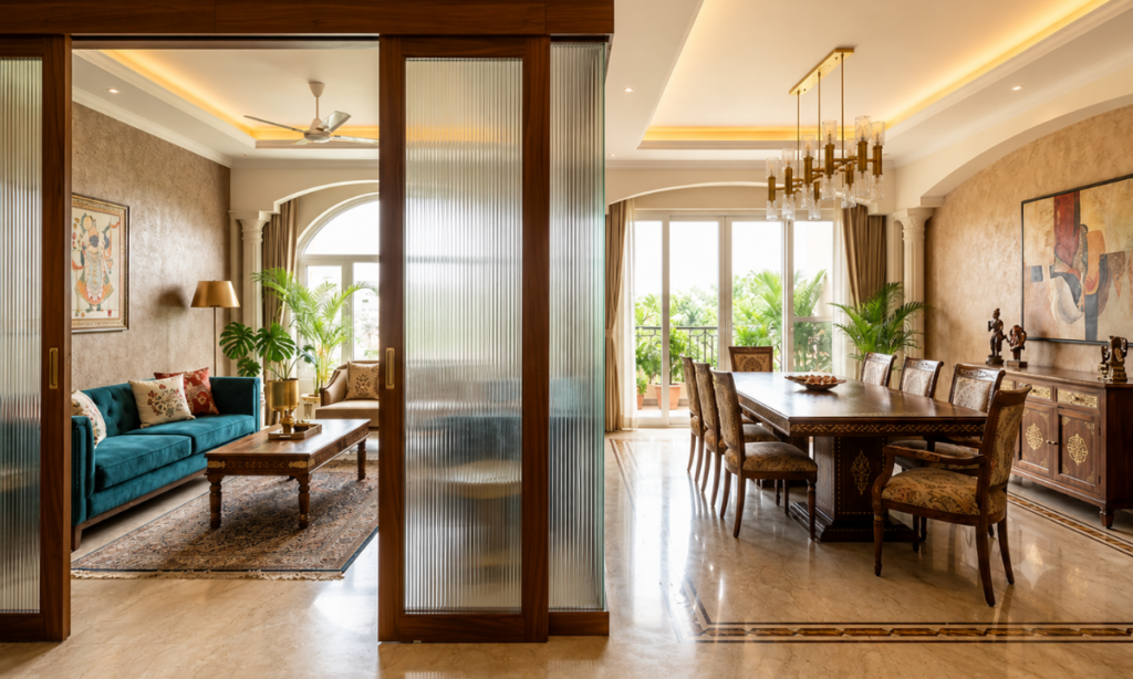 Open kitchen with fluted glass partitions