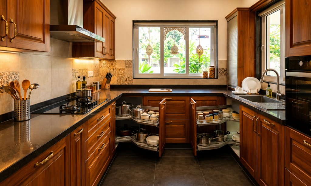 L-shaped kitchen with corner carousel storage
