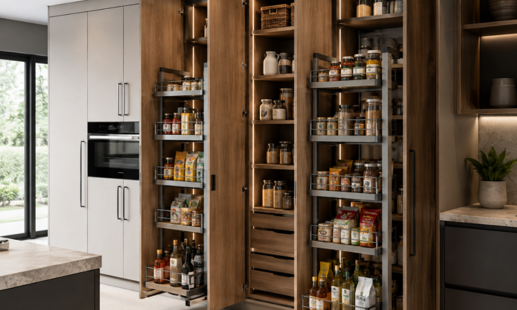 Tall pantry towers with pull-out storage