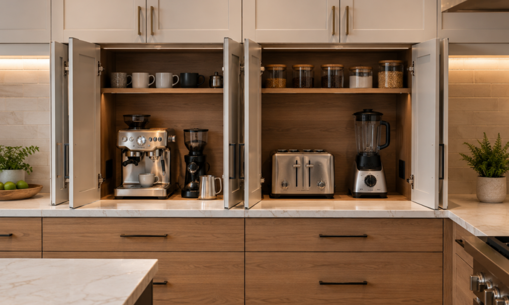 Bi-fold appliance garage for a clutter-free kitchen