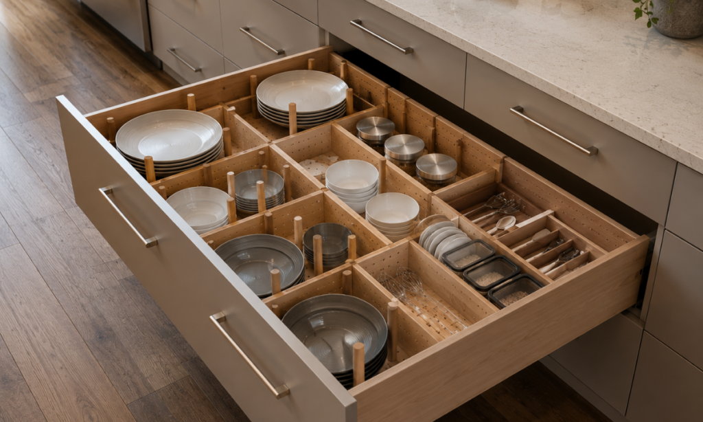 Deep under-counter drawers with modular peg organization